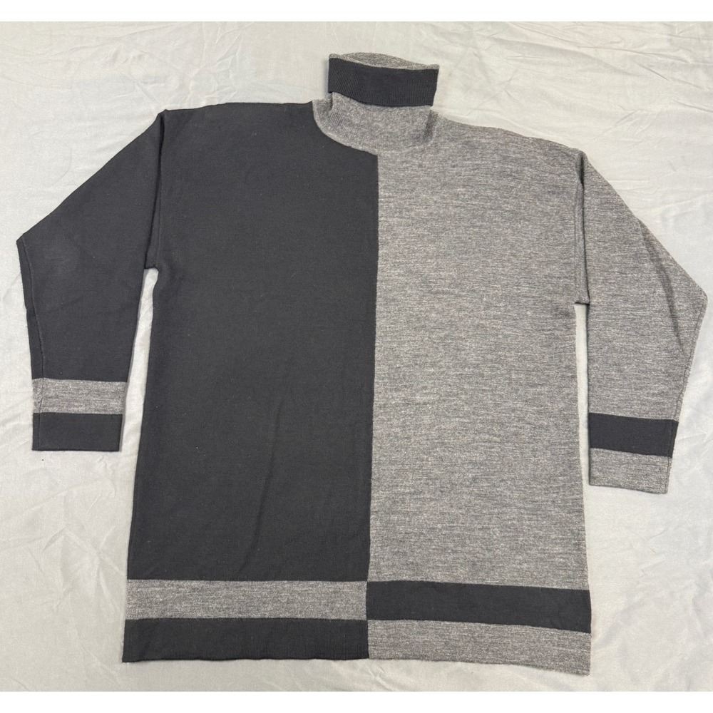 Valerie Stevens 100% Merino Wool Colorblock Turtleneck Sweater Black Grey Large